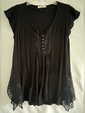 Oneworld Black Boho Crochet Trim Tassel Top